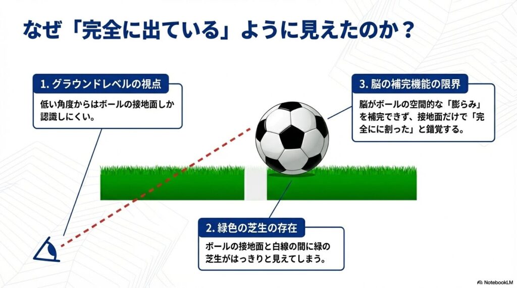 グラウンドレベルの視点や芝生の見え方、脳の補完機能によって、ボールがラインを割っているように錯覚する仕組みを解説した図解スライド。