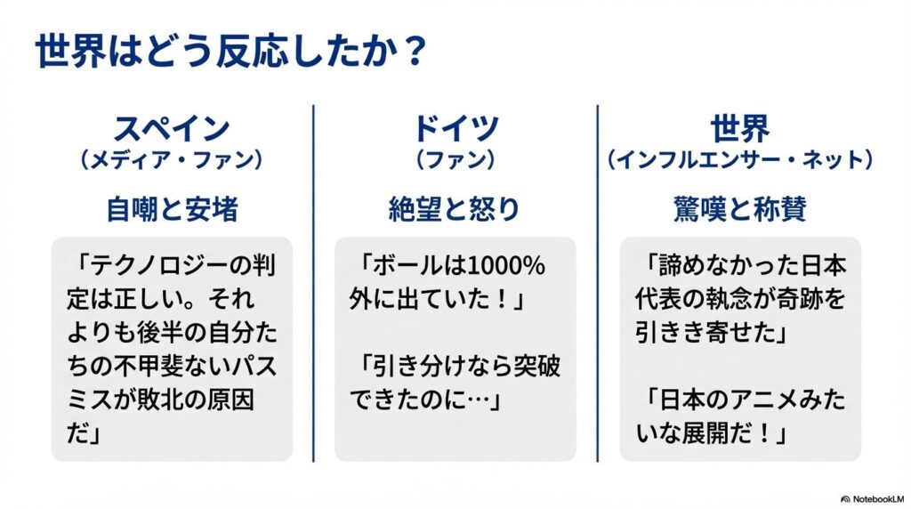スペインメディアの自嘲、ドイツファンの絶望、インフルエンサーによる称賛など、各国の反応をカテゴリー別にまとめた比較スライド。