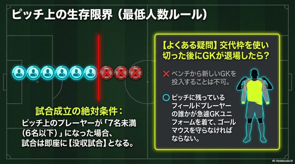 ピッチ上の選手が7名未満で没収試合になる条件と、交代枠使用後のGK退場時のルール