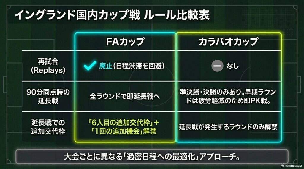 イングランド国内カップ戦における延長戦の有無や追加交代枠の違いをまとめた比較表