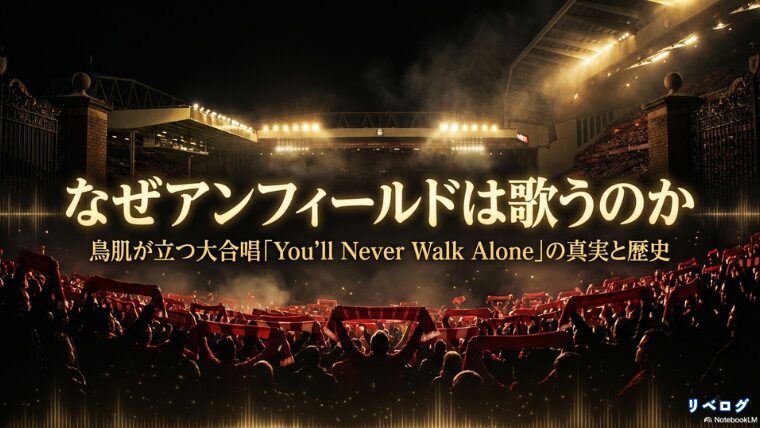 You'll Never Walk Aloneがリバプールのアンフィールドで歌われる理由と歴史についてのタイトルスライド