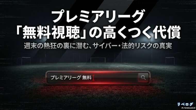 プレミアリーグ「無料視聴」の高くつく代償や、週末の熱狂の裏に潜むサイバー・法的リスクの真実を解説するタイトルスライド 。