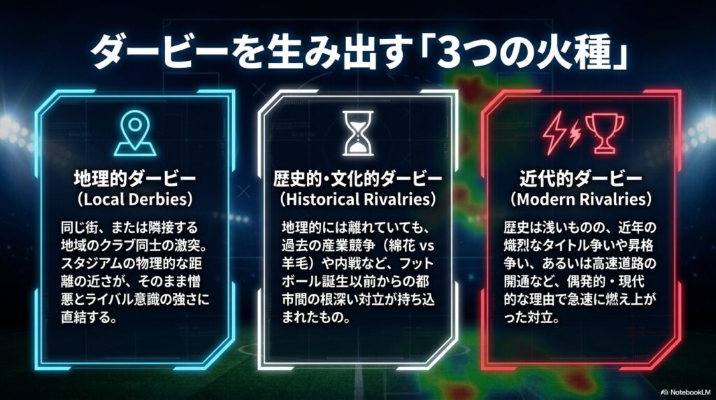 ダービーを生み出す3つの火種である「地理的」「歴史的・文化的」「近代的」ダービーの解説