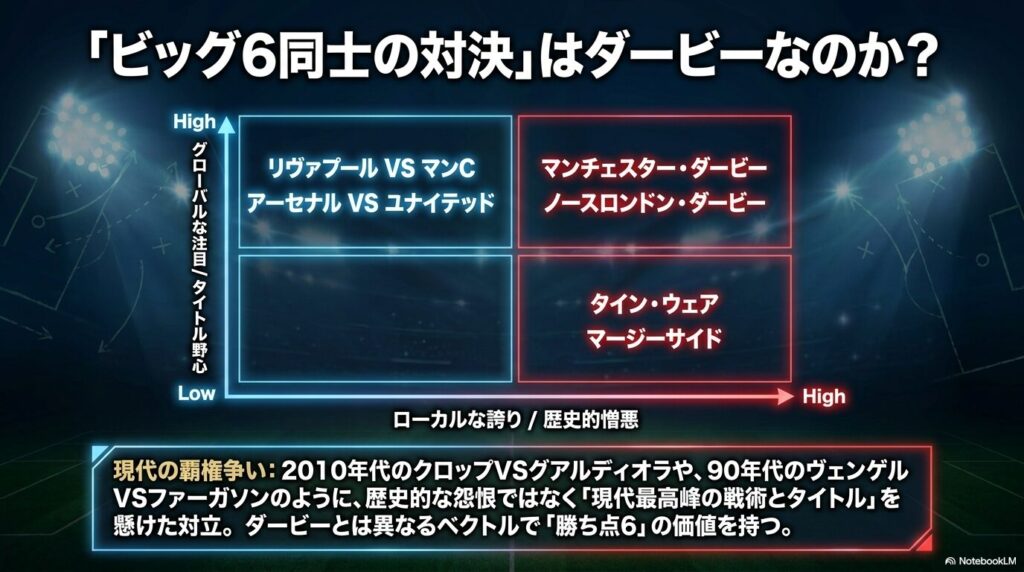 ローカルな歴史的憎悪に基づくダービーと、現代の覇権を争うビッグ6同士の対決の違いを表した図解