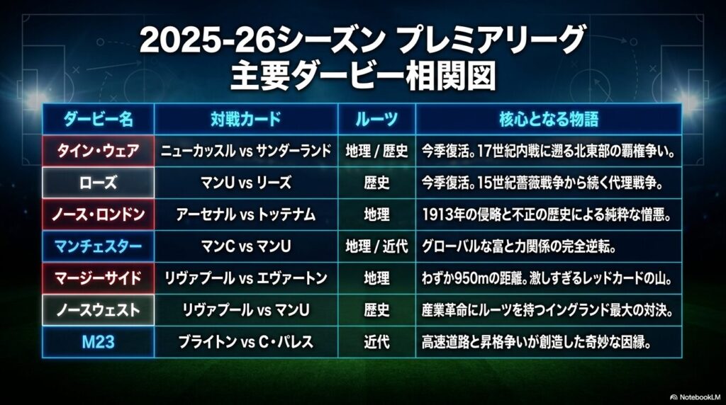 タイン・ウェア、ローズ、ノース・ロンドンなど、2025-26シーズンの主要なダービーマッチのルーツと核心をまとめた一覧表