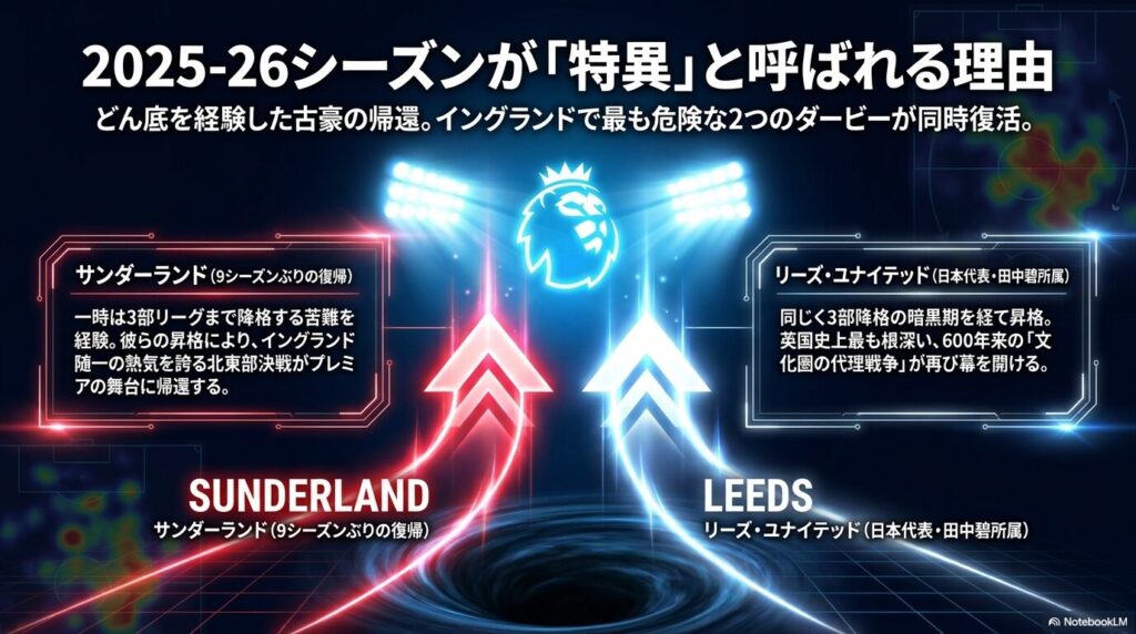 2025-26シーズンにサンダーランドとリーズ・ユナイテッドが昇格し、2つの伝説的ダービーが同時復活する理由の解説