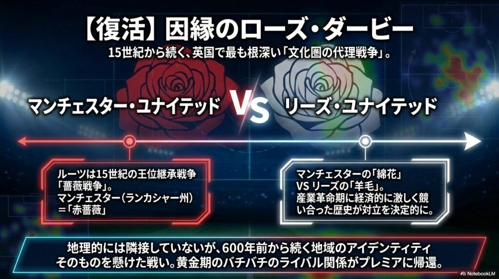 マンチェスター・ユナイテッドとリーズ・ユナイテッドによる、薔薇戦争や産業革命にルーツを持つローズ・ダービーの解説