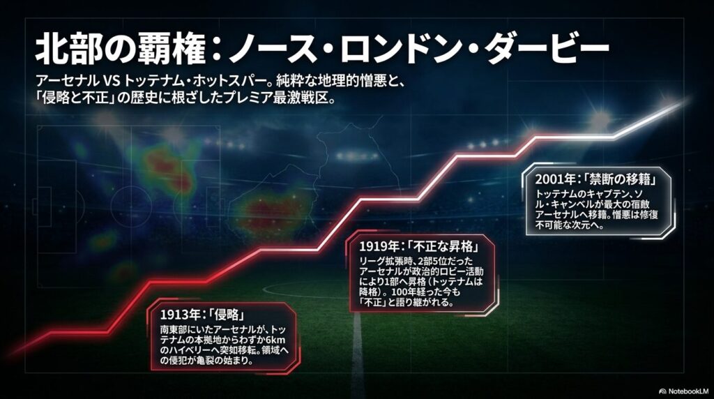 アーセナルとトッテナムによるノース・ロンドン・ダービーの、1913年の本拠地移転や1919年の昇格などに関する因縁の歴史