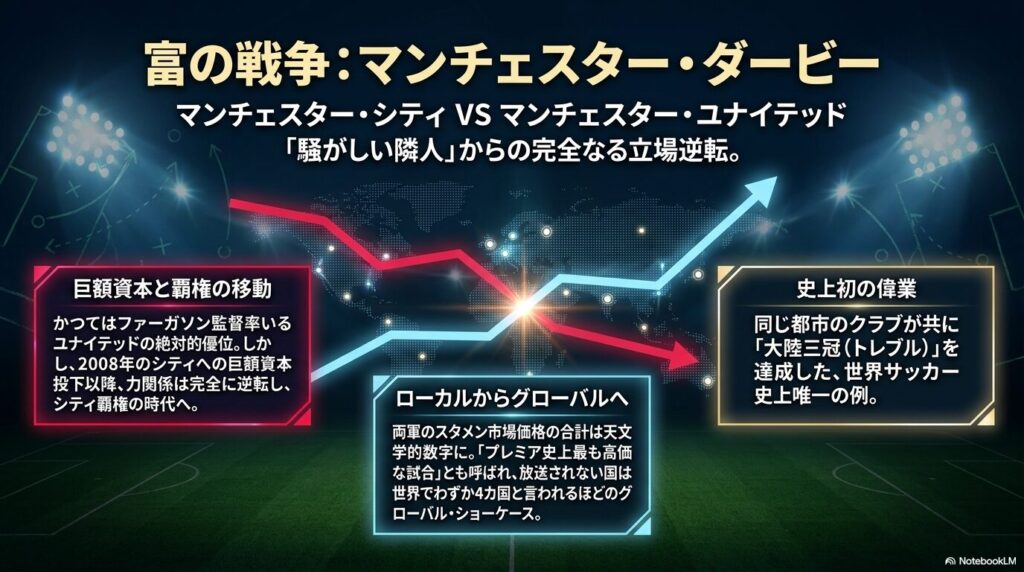 マンチェスター・シティとマンチェスター・ユナイテッドによる、巨額資本とグローバルな覇権を巡るマンチェスター・ダービーの解説
