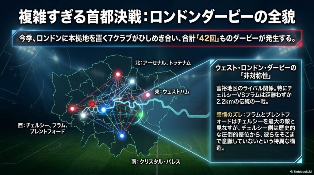 アーセナル、トッテナム、チェルシーなどロンドンに本拠地を置く7クラブがひしめくロンドンダービーの位置関係と解説