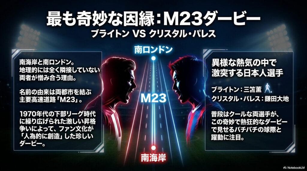 ブライトンとクリスタル・パレスによる、高速道路M23に由来するダービーの解説と日本人選手の紹介