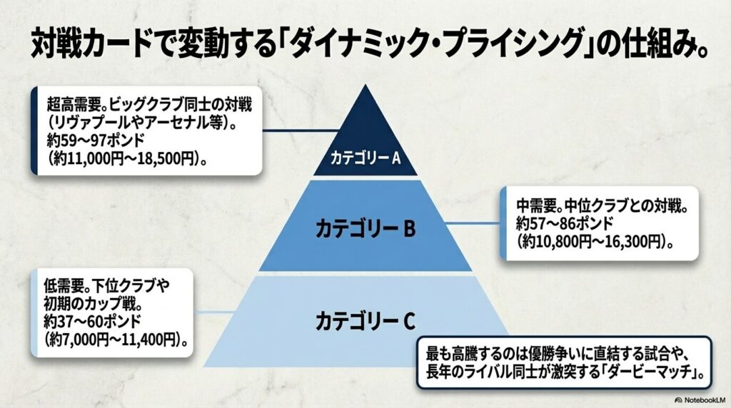 対戦相手の需要度によってチケット価格がカテゴリーAからCに分かれ、変動する仕組みを解説した図