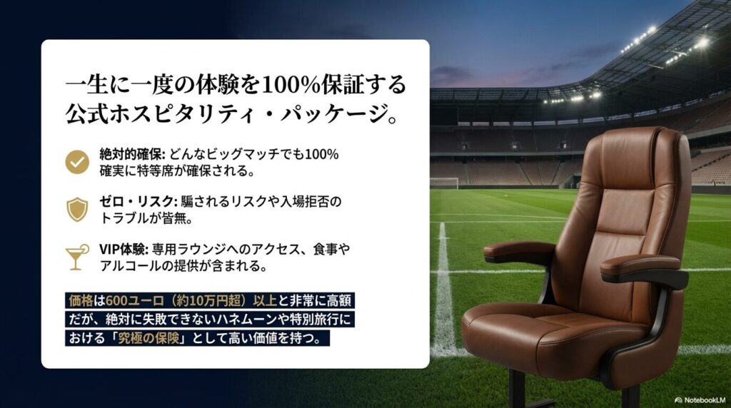 VIP体験や100%の座席確保が保証される公式ホスピタリティ・パッケージの価値をまとめた図