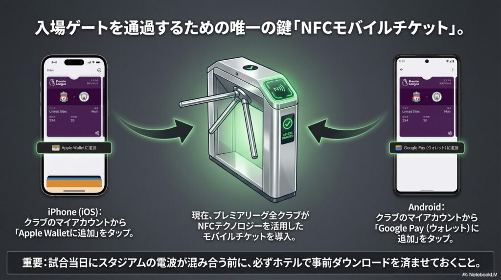 iPhoneのApple WalletとAndroidのGoogle Payにプレミアリーグのモバイルチケットを追加する画面イメージ