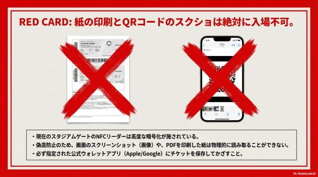 印刷された紙のチケットとスマートフォンのQRコード画面に赤いバツ印がつけられ、偽造防止のため入場不可であることを警告する画像