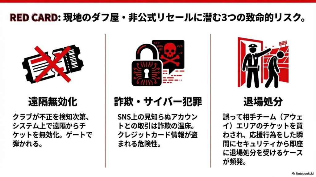 遠隔無効化、詐欺・サイバー犯罪、退場処分という、ダフ屋や非公式ルートでチケットを購入した際の深刻なリスクを示す図