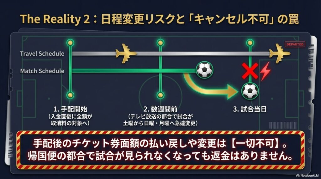 テレビ放送の都合などで試合が土曜日から日曜・月曜へ急遽変更になり、帰国便に間に合わず観戦できなくなってもチケット代が全額返金不可になるリスクの図解