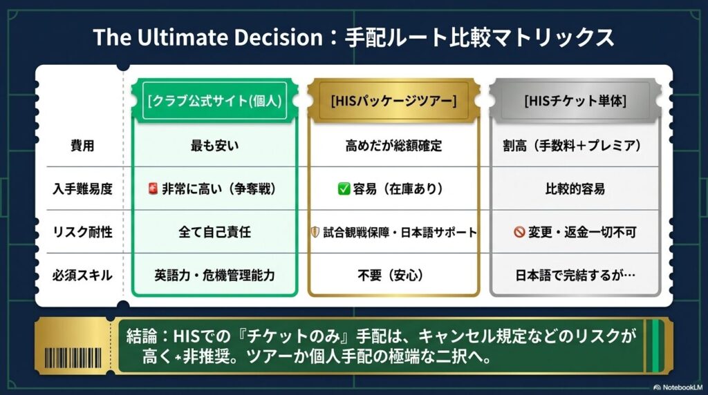クラブ公式サイトでの個人手配、HISパッケージツアー、HISチケット単体の3ルートにおける、費用・入手難易度・リスク耐性・必須スキルの比較表。結論としてHISチケットのみ手配は非推奨としている