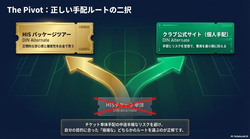 中途半端なリスクを持つHISチケット単体手配を避け、安心感をお金で買うHISパッケージツアーか、手間とリスクを覚悟で費用を抑える公式サイトでの個人手配のどちらかを選ぶべきという図解