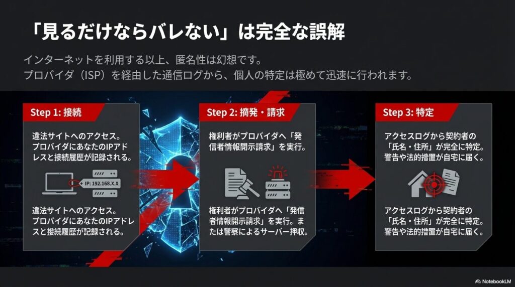 違法サイトへのアクセスログから、プロバイダを経由して契約者の氏名や住所が完全に特定され、警告や法的措置が届くまでの3ステップの図解 。