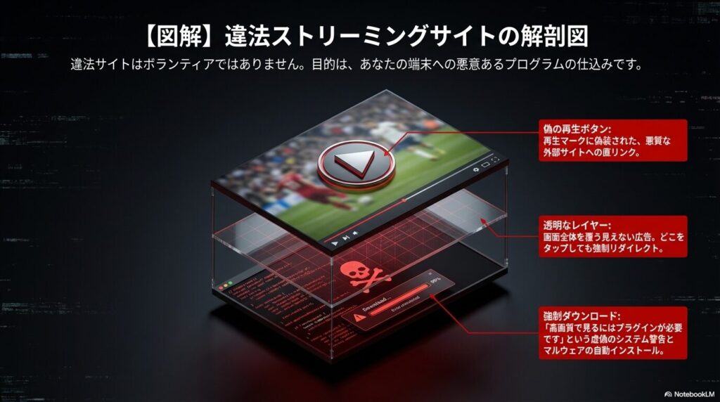 偽の再生ボタン、透明なレイヤーによる強制リダイレクト、虚偽のシステム警告によるマルウェアの自動インストールなど、違法サイトの悪質な仕組みの解剖図 。