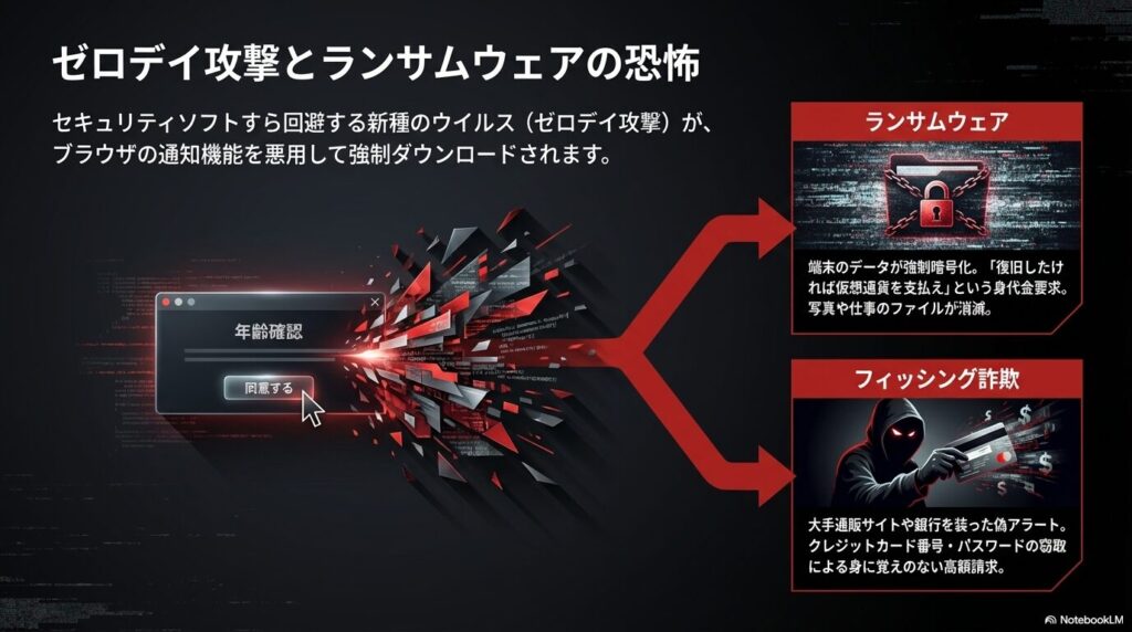 端末のデータが強制暗号化されるランサムウェアによる身代金要求や、大手通販サイトや銀行を装ってクレジットカード番号を窃取するフィッシング詐欺の解説図 。