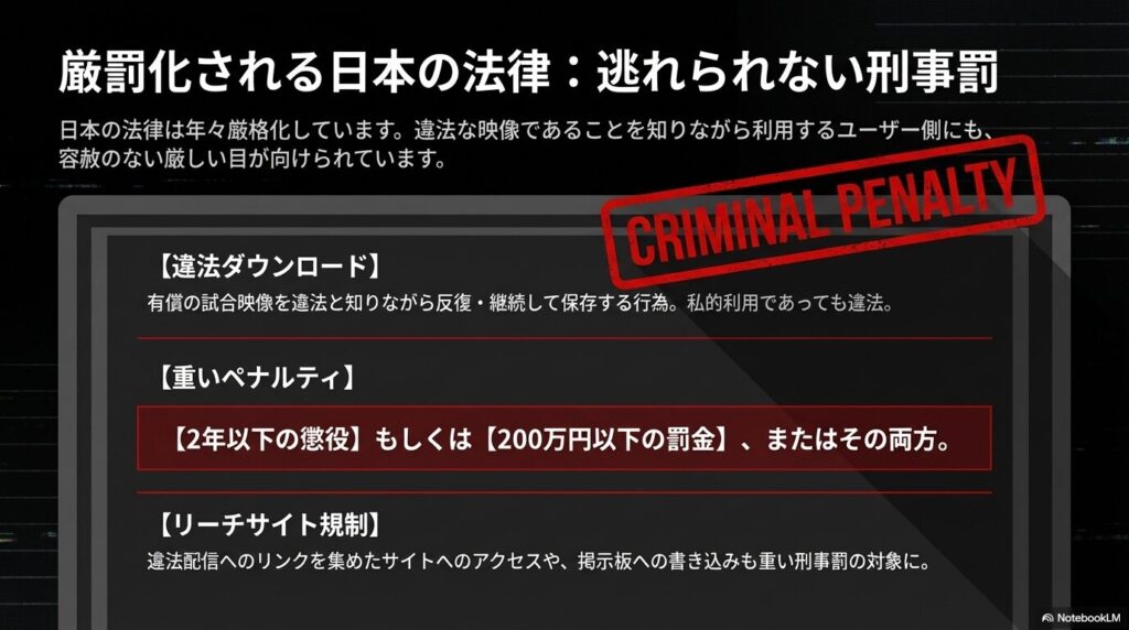 違法ダウンロードに対する2年以下の懲役や200万円以下の罰金、違法配信へのリンクを集めたリーチサイト規制など、厳罰化される日本の法律の解説 。