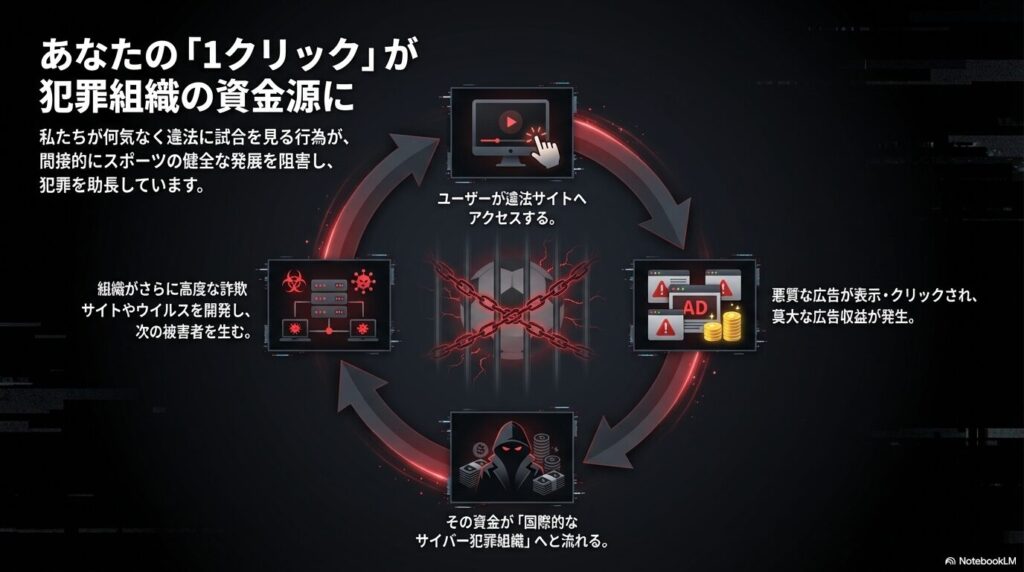 ユーザーが違法サイトへアクセスし悪質な広告がクリックされることで、莫大な広告収益が発生し、国際的なサイバー犯罪組織へと資金が流れる悪循環の図解 。