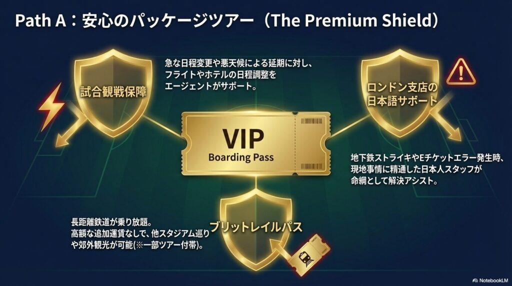試合観戦保障、ロンドン支店の日本語サポート、他スタジアム巡りが可能なブリットレイルパスなど、急な日程変更や現地トラブルにも対応できるパッケージツアーのメリット一覧
