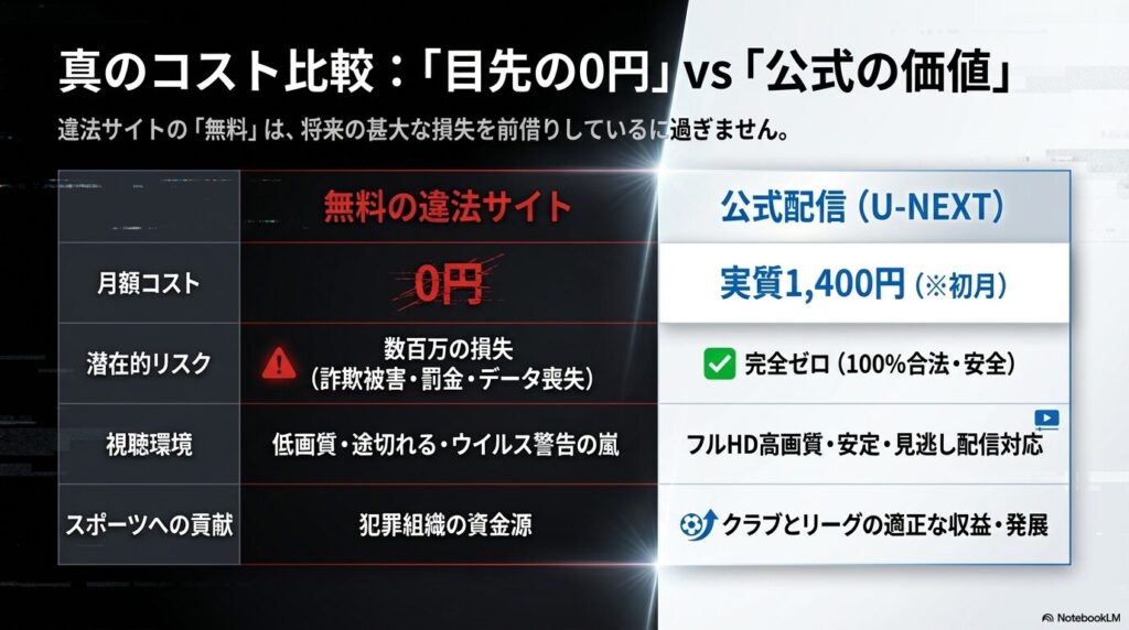 無料の違法サイトに潜む数百万の損失リスクや犯罪組織への資金源化と、実質1,400円で完全合法かつ高画質な公式配信(U-NEXT)のメリットをまとめた比較表 。