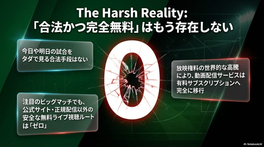 割れたガラスの「0」の文字と、安全な無料ライブ視聴ルートは「ゼロ」であることを示すスライド