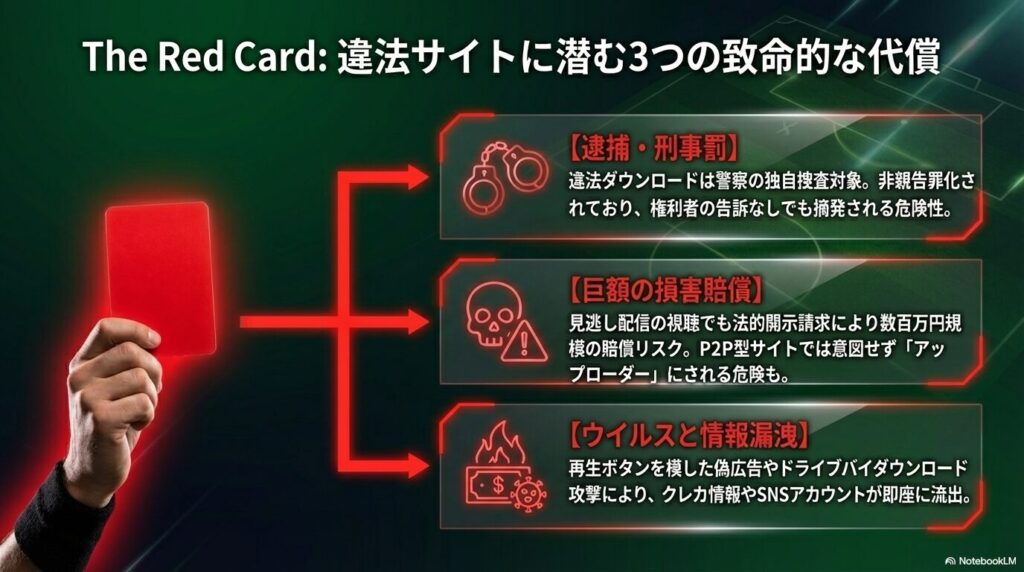 逮捕・刑事罰、巨額の損害賠償、ウイルスと情報漏洩という、違法サイト利用時の3つの危険なリスクを示すスライド