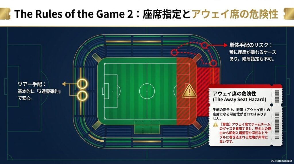 単体手配では稀に座席が離れるリスクがあることと、アウェイ席でホームチームグッズを着用すると深刻なトラブルに巻き込まれる危険性が非常に高いことへの警告