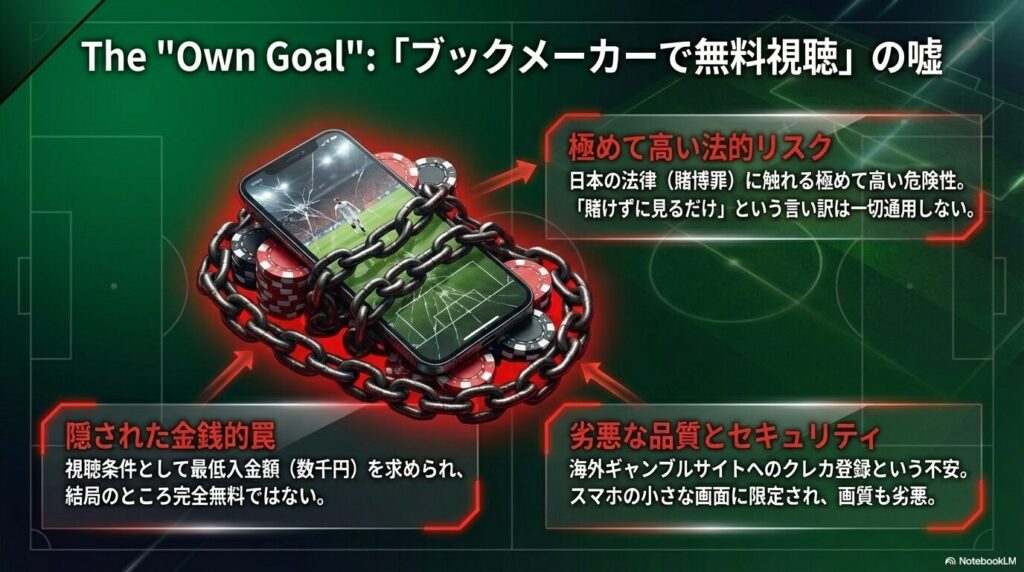 鎖で縛られたスマートフォンとカジノチップの画像で、ブックメーカー利用の法的リスクや劣悪な品質を警告するスライド