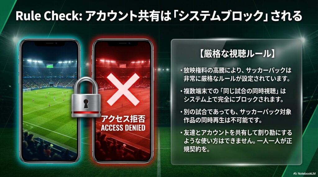 アクセス拒否の画面と南京錠の画像で、複数端末での同時視聴やアカウント共有がシステム上で完全にブロックされることを示すスライド