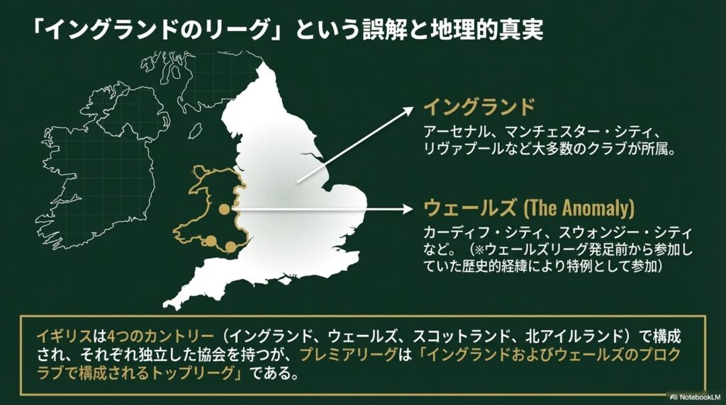 イギリスにおけるイングランドとウェールズの地理的関係と、参加クラブの分布を示した図