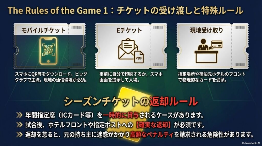 主流となっているモバイルチケットやEチケット、現地受け取りの解説に加え、一時貸与されるシーズンチケットの返却を怠ると高額なペナルティが発生するルールの注意喚起