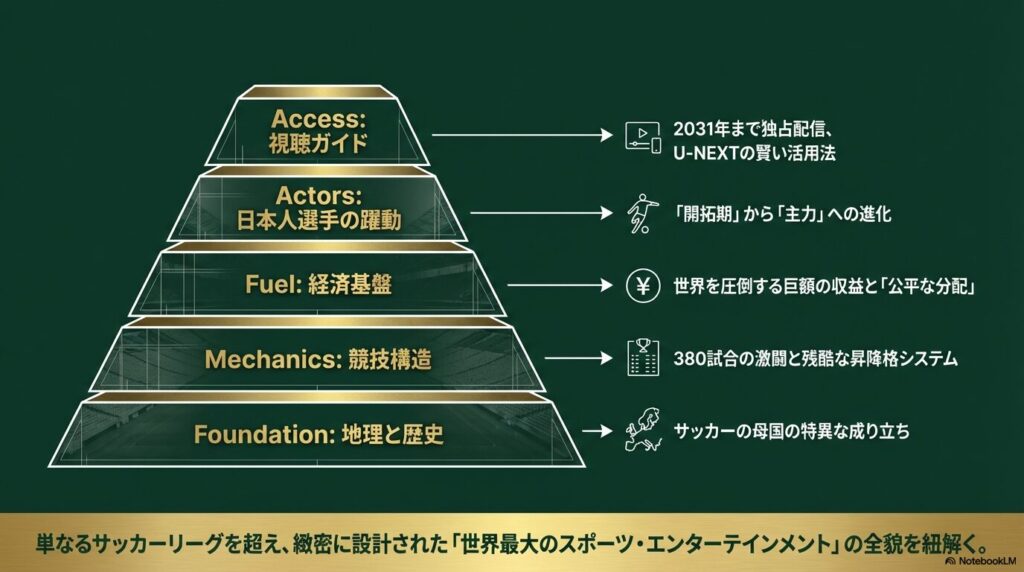 プレミアリーグを構成する地理と歴史、競技構造、経済基盤、日本人選手の躍動、視聴ガイドの5つの要素を表したピラミッド図