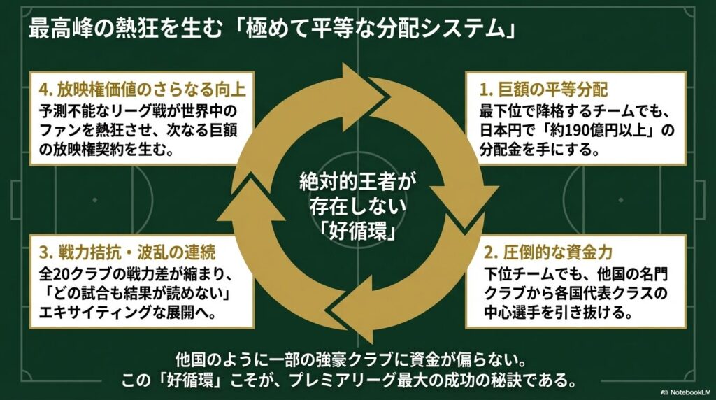 巨額の平等分配が圧倒的な資金力を生み、戦力拮抗と放映権価値向上へ繋がるプレミアリーグのビジネス構造図