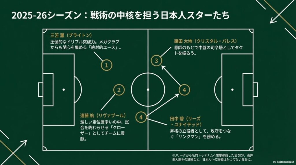 三笘薫、鎌田大地、遠藤航、田中碧のピッチ上のポジションと戦術的な役割を示したフォーメーション図