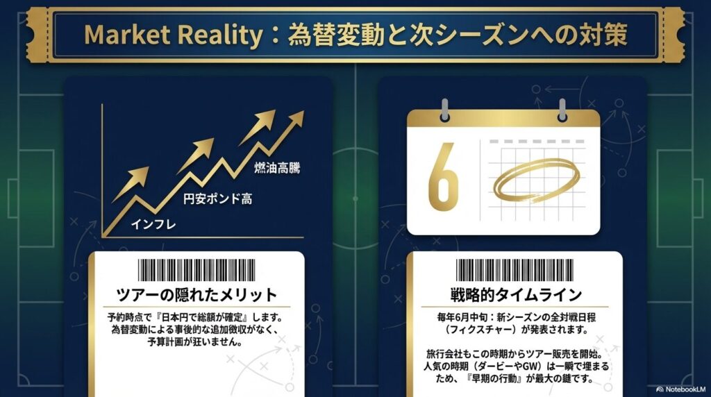 燃油高騰や円安ポンド高といった市場の現実に対し、ツアー予約で日本円総額を確定させるメリットと、毎年6月中旬の新シーズン日程発表に合わせた早期行動の重要性