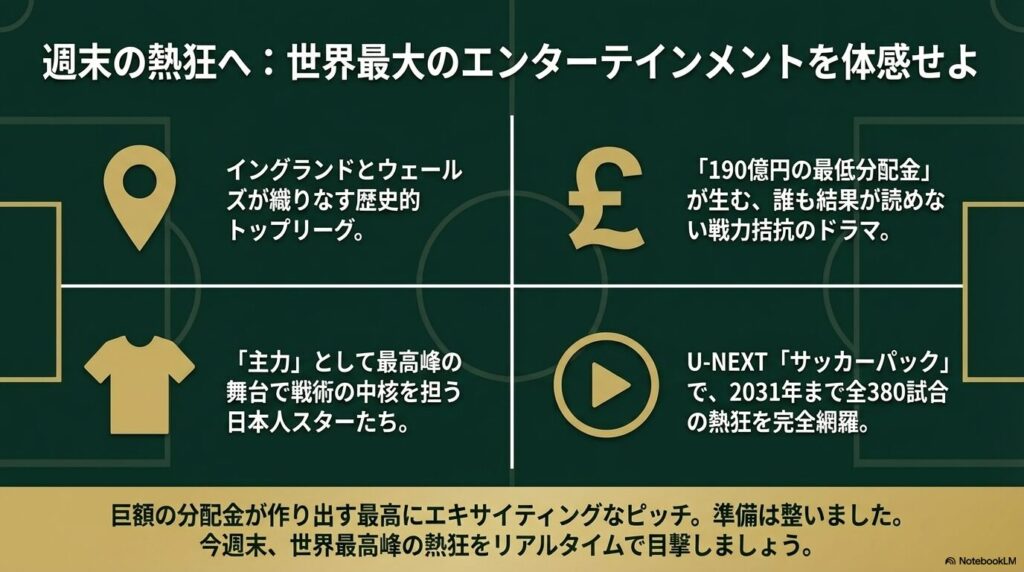 地理的構造、190億円の分配金、日本人選手の活躍、U-NEXT全試合配信という4つの要点をまとめたサマリー画像