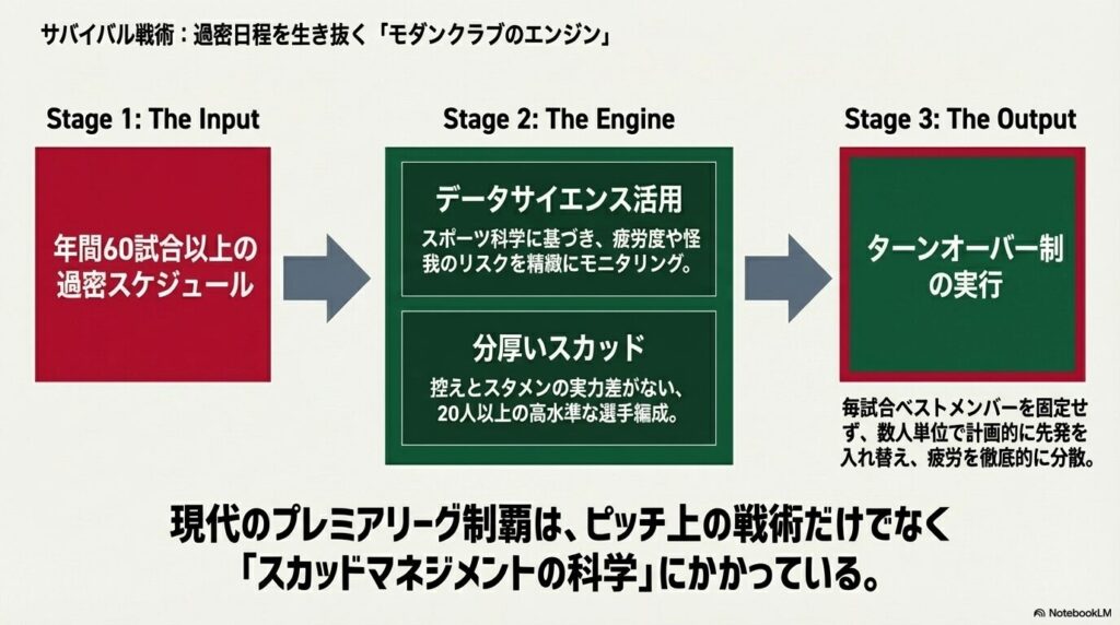 データサイエンス活用と分厚いスカッドによってターンオーバー制を実行し、過密日程を乗り切る現代サッカーのサバイバル戦術図