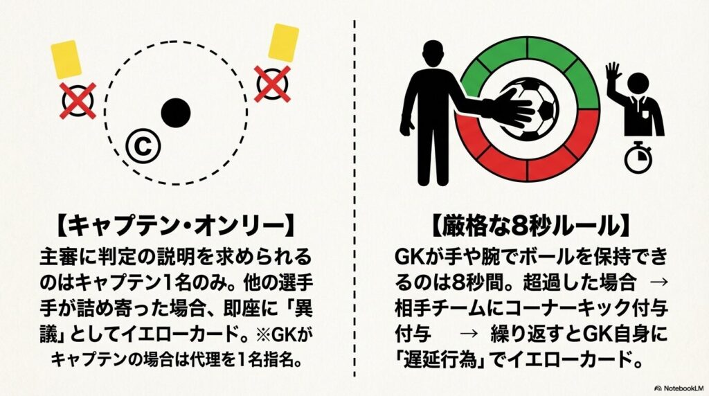 主審への判定説明を求められるのはキャプテン1名のみとする制度と、ゴールキーパーがボールを保持できる時間を厳格に定めた8秒ルールの図解