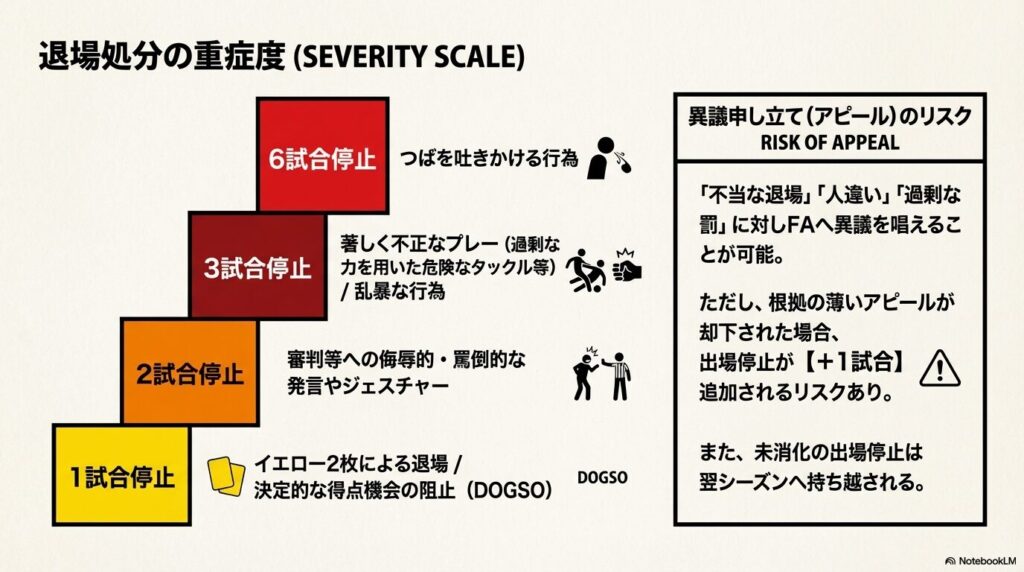 著しく不正なプレーや侮辱的発言など反則内容ごとの出場停止試合数を示す階段状の表と、異議申し立てが却下された場合に出場停止が追加されるリスクの解説