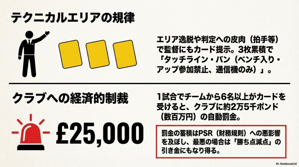 テクニカルエリア逸脱による監督へのカード提示ルールと、1試合で6名以上がカードを受けたクラブに対して自動的に科される約2万5千ポンドの高額罰金制度の解説