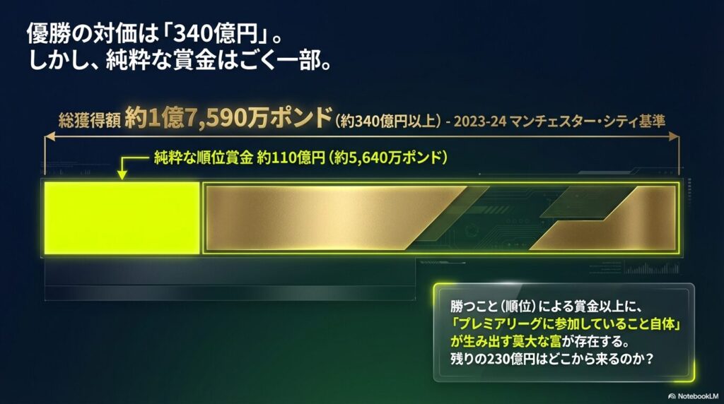 マンチェスター・シティの2023-24シーズン基準による、総獲得額約340億円と純粋な順位賞金約110億円の比較グラフ