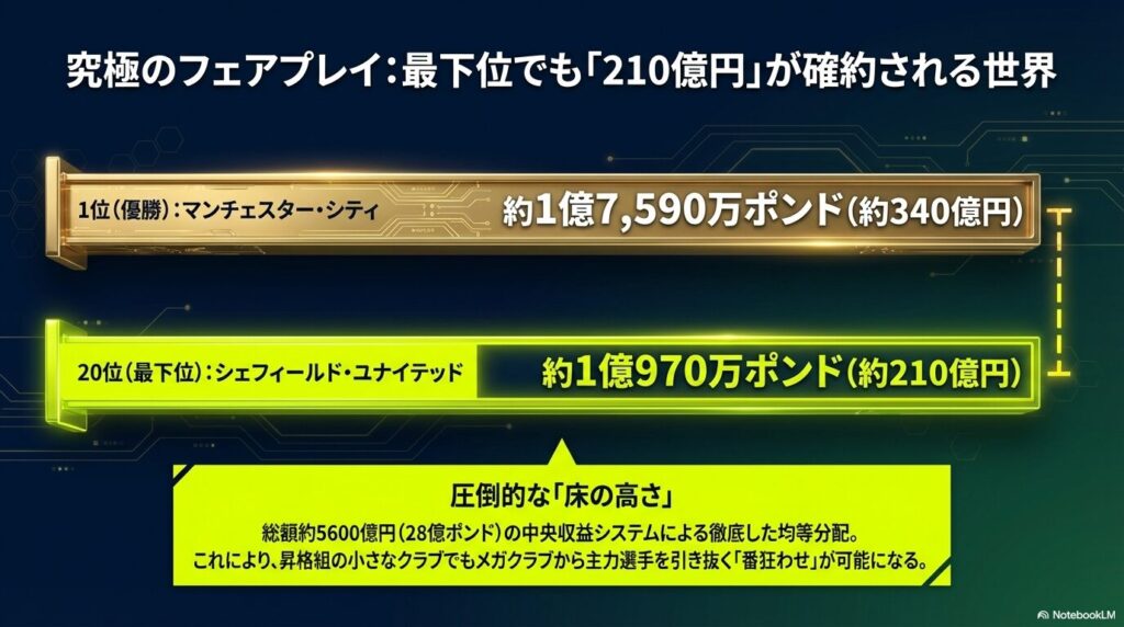 1位のマンチェスター・シティが約340億円、20位最下位のシェフィールド・ユナイテッドでも約210億円を獲得できるフェアプレイな分配構造