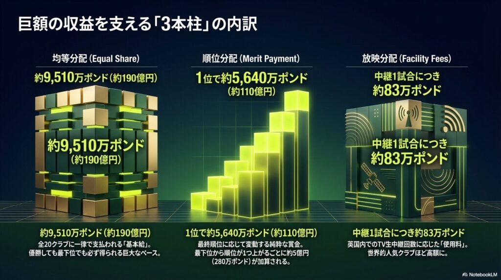 均等分配約190億円、順位分配約110億円、放映分配1試合約83万ポンドという、収益を支える3本柱の金額を示す図解