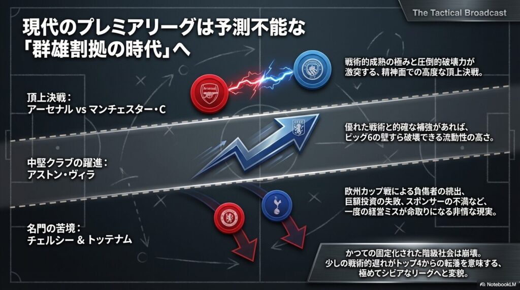 アーセナルとマンチェスター・Cの頂上決戦、中堅クラブであるアストン・ヴィラの躍進、名門チェルシーやトッテナムの苦境など、かつての階級社会が崩壊しシビアなリーグへと変貌した現代のプレミアリーグを示す図